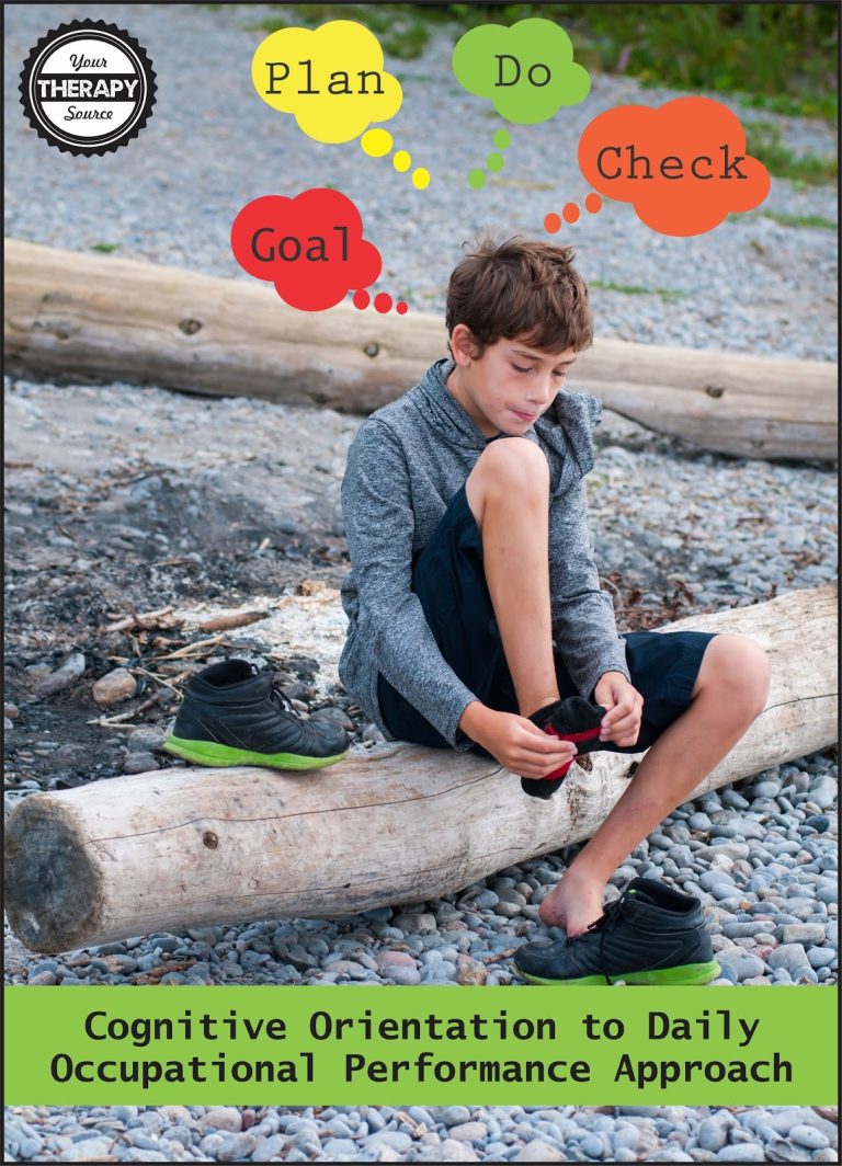 A boy sits on a log near a rocky shore, putting on shoes. Thought bubbles above him show "Goal," "Plan," "Do," and "Check." Text below reads “Cognitive Orientation to Daily Occupational Performance (CO-OP) Program.”.